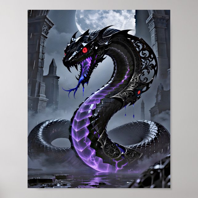 Poster Gothic Black Serpent Glowing Purple Neon Fantasy (Frente)