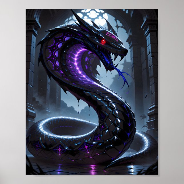 Poster Gothic Black Serpent Glowing Purple Neon Fantasy (Frente)
