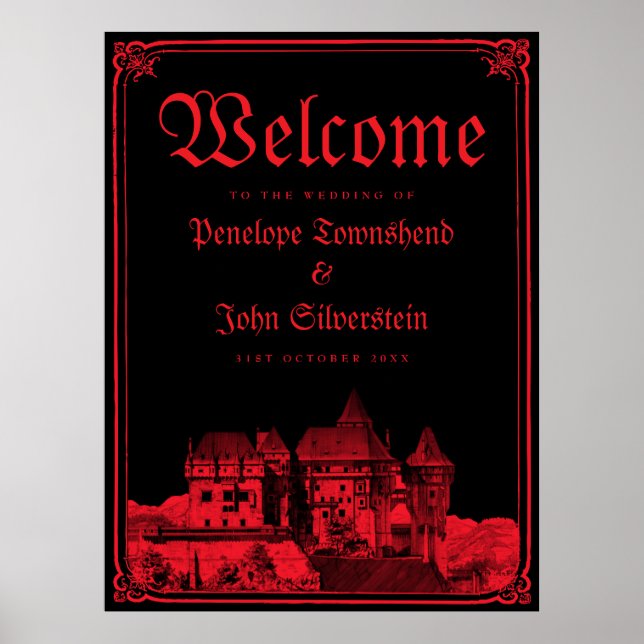 Poster Gothic Castle Border Black Red Wedding Welcome (Frente)
