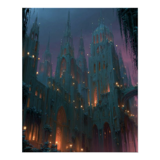 Pôster Gothic Castle Under Aurora Fantasy Night Art (Frente)
