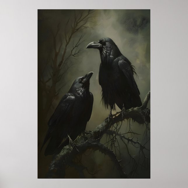 Poster Gothic Crows Art Printable, Birds On Branch Dark (Frente)