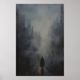 Poster Gothic Foggy Street Art Painting, Dark Academia