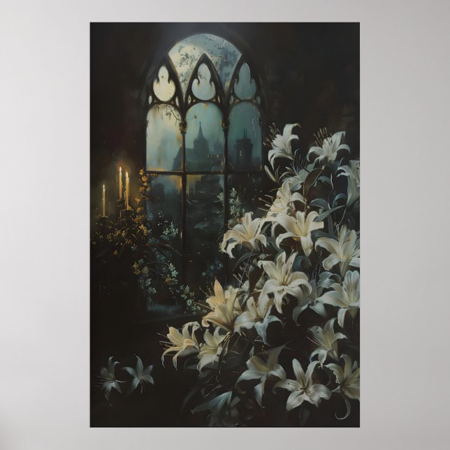 Poster Gothic Lilies Flowers Candlelight Castle Art, Dark (Frente)