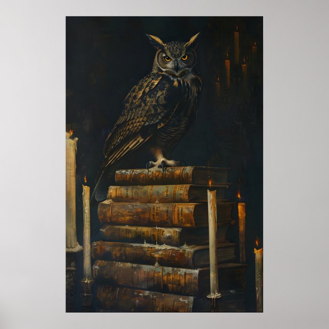 Poster Gothic Owl on Vintage Books Painting Printable (Frente)