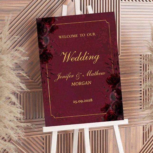 Poster Gothic Romance Burgundy Roses Elegant Welcome Sign (Criador carregado)