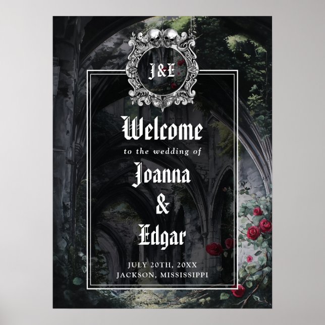 Poster Gothic Ruins Roses Floral Wedding Welcome Sign (Frente)