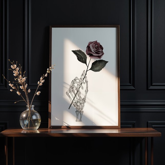 Poster Gótica Aquarela Mão de Manobra de Esqueleto Segura (Gothic Watercolor Skeleton Hand Holding Rose Poster)