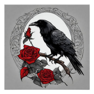 Pôster Gótica Black Raven com Rosas vermelhas