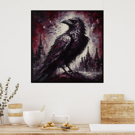 Poster Gótica Raven Crow Bird Pintura Negra Vermelha