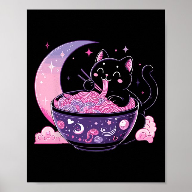 Poster Gótico de Pastel Aestético Kawaii Cat Comendo Rame (Frente)