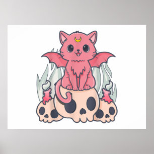 Poster Gótico Kawaii Pastel Gato e Crânio de Demônio C