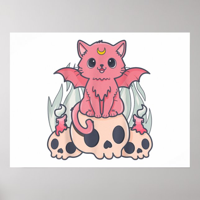 Poster Gótico Kawaii Pastel Gato e Crânio de Demônio Cére (Frente)