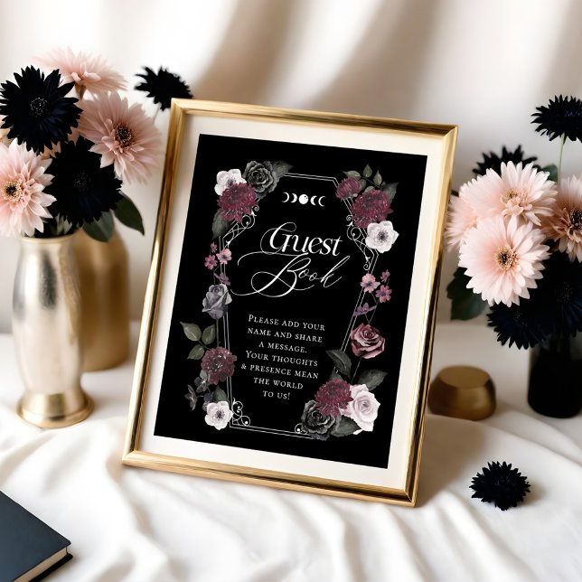 Poster Gótico Preto Aquarela Florais Sinal de Livro Convi (Gothic Black Watercolor Florals Guest Book Sign)