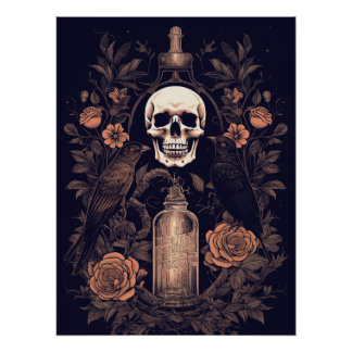 Pôster Gótico Vintage Skeleton Skull Raven Poison Hallowe