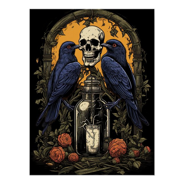 Pôster Gótico Vintage Skeleton Skull Raven Poison Hallowe (Frente)