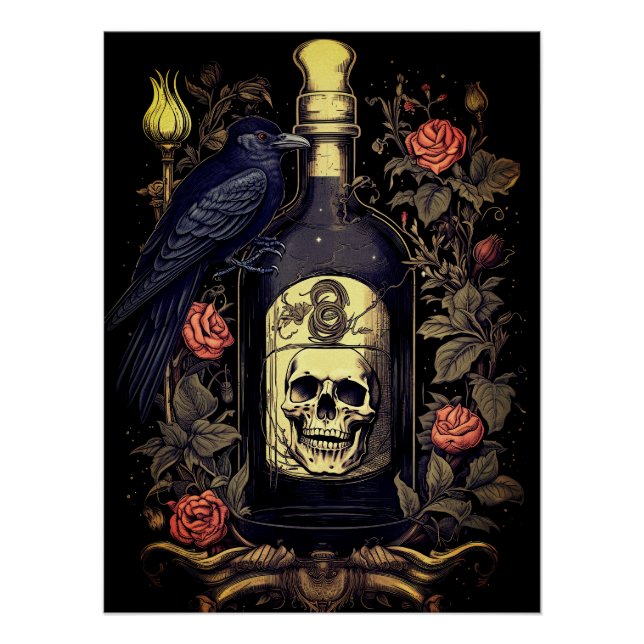 Pôster Gótico Vintage Skeleton Skull Raven Poison Hallowe (Frente)