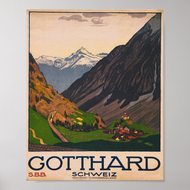 Poster Gotthard Schweiz Viagens vintage (Frente)