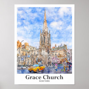 Poster Grace Church New York Viagem Watercolor Hand Drawn