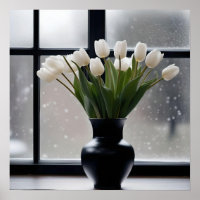"Grace de inverno: Tulipas brancas em um vaso pret