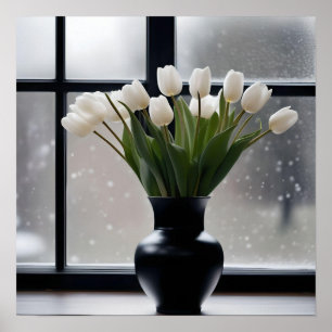 Poster "Grace de inverno: Tulipas brancas em um vaso pret