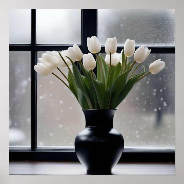 Poster "Grace de inverno: Tulipas brancas em um vaso pret (Frente)