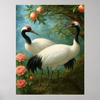 Poster Graceful Cranes in a Peach Blossom Garden