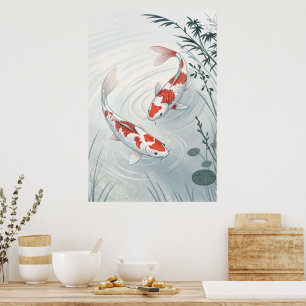 Poster Graceful Koi: Ilustração do Jardim de Água Serene