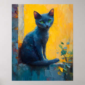 Poster Graceful Russian Blue Cat – Sunset Balcony Moment
