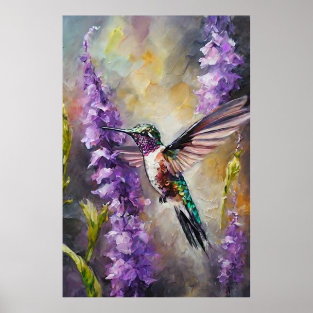 Poster Graceful Watercolor Hummingbird Purple Garden Art (Frente)
