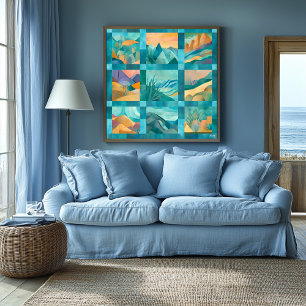 Pôster Grade de Arte Abstrata do Deserto com Moldura Azul