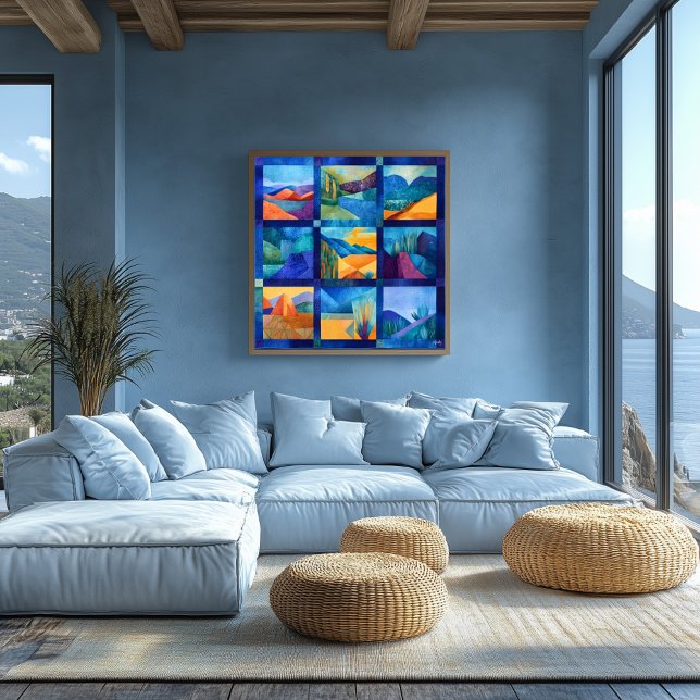 Pôster Grade de Arte do Deserto com Moldura Azul - Geomét (Criador carregado)