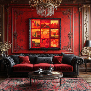 Pôster Grade Vermelha de Arte do Deserto - Geométrico Neg