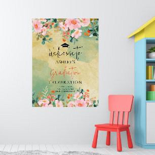 Poster Graduação botânica floral em aquarela rosa Beown