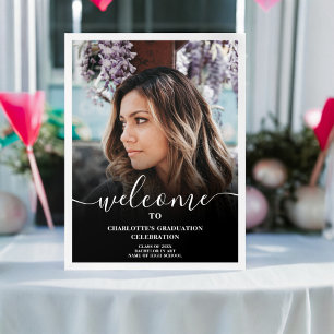 Poster Graduação de boas-vindas com guião elegante preto 