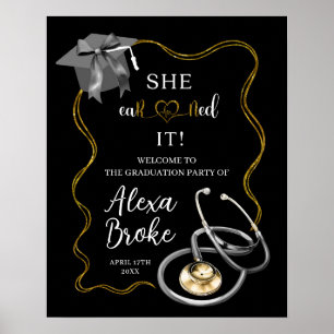 Poster Graduação de Enfermeira Elegante Preta e Dourada