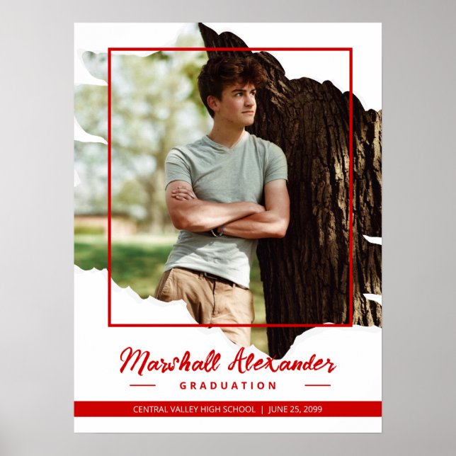 Poster Graduação de Foto Torn Abstrato Vermelho Edgy (Frente)