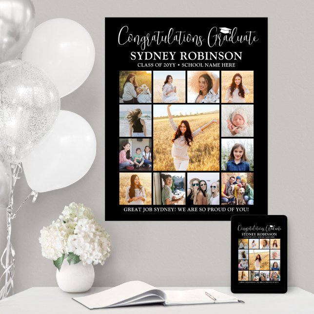 Poster Graduação Gradua Colagem de Fotos em Preto Moderno (Criador carregado)