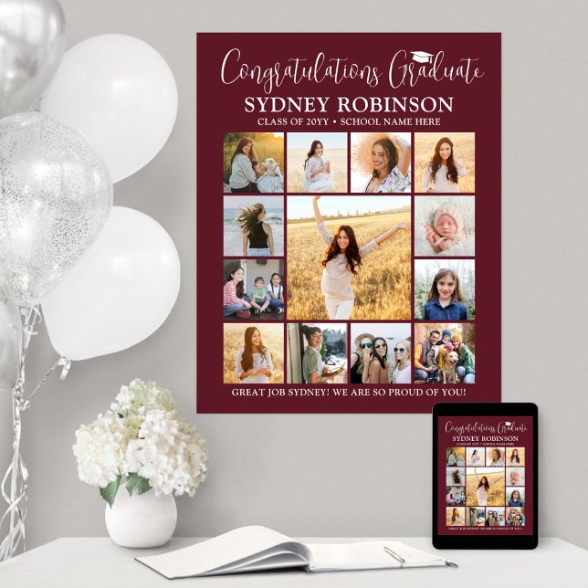 Poster Graduação Gradua Colagem de Fotos Maroon e Branco (Criador carregado)