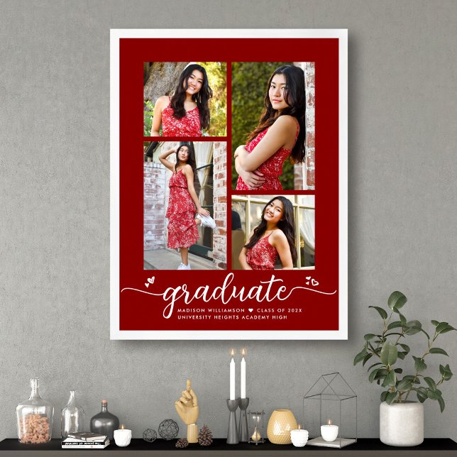 Poster Graduação Vermelha 4 Foto Script Corações Moderno  (Criador carregado)