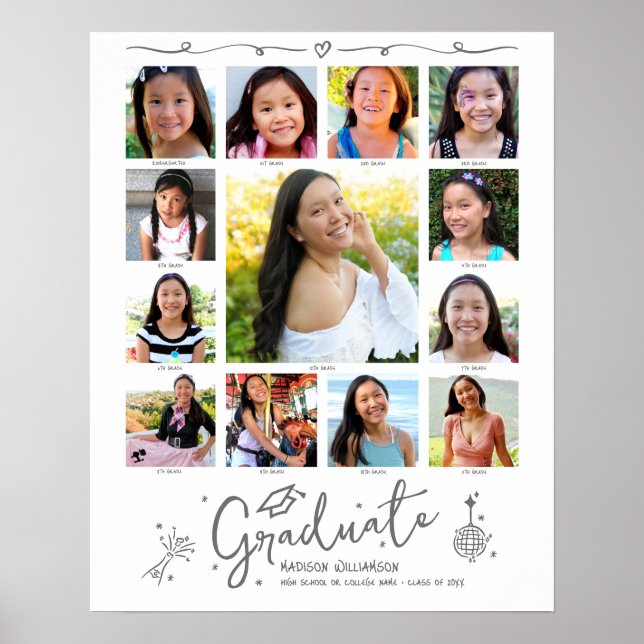 Poster Graduation K–12 Photo Collage Gray Doodles White (Frente)