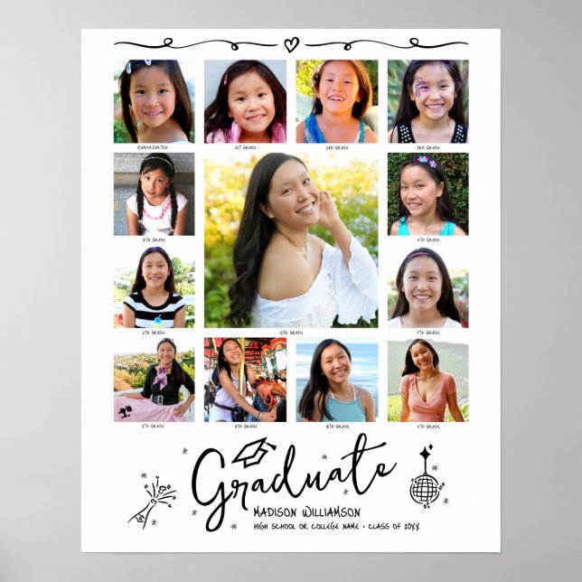 Poster Graduation K–12 Photo Collage White Black Doodles (Frente)