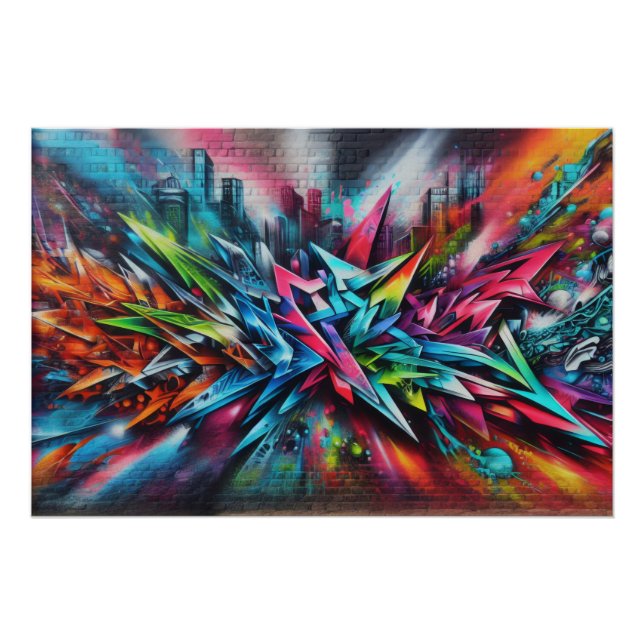 Pôster Graffiti auf Ziegelwand mit Skyline Streetart (Frente)
