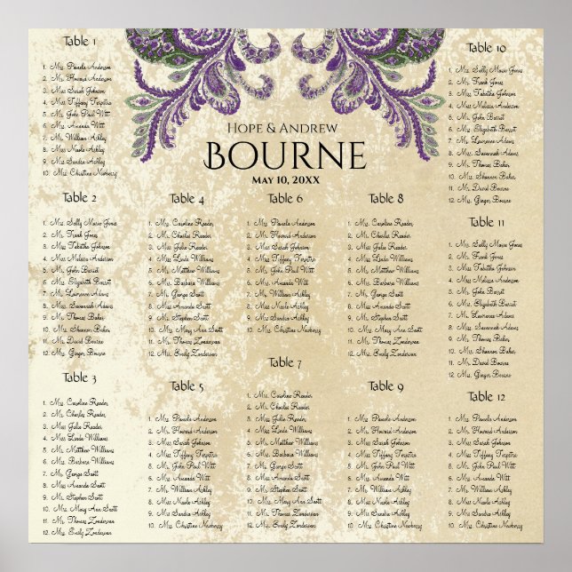 Poster Gráfico 12 Mesas de lugares de pavão roxo e verde (Frente)