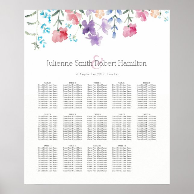 Pôster Gráfico 14 Flores Selvagens De Aquarelas Mesas (Frente)