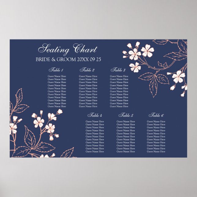 Pôster Gráfico 6 Mesas Coral Azul Floral (Frente)