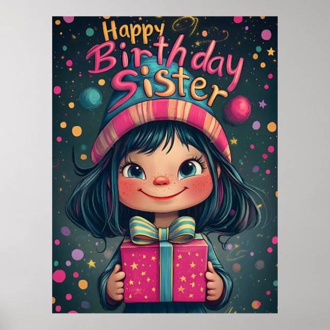 Poster Gráfico da Irmã Feliz Aniversário Whimsical (Frente)