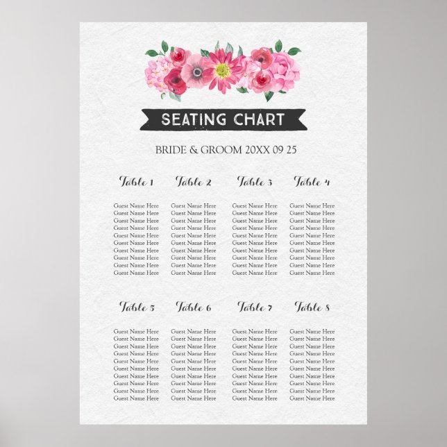 Pôster Gráfico de Assentos 8 Mesas Chalkboard Pink Waterc (Frente)