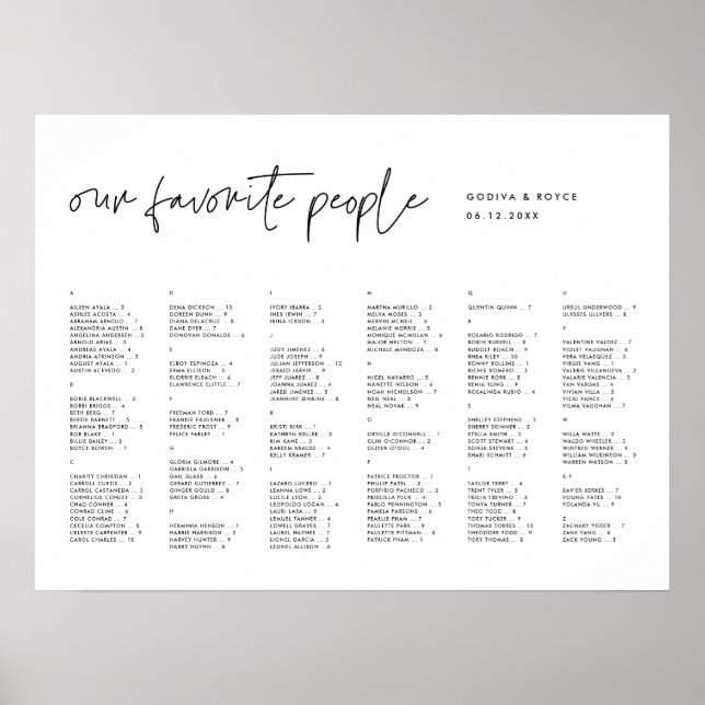 Poster Gráfico de assentos alfabético minimalista moderno (Frente)