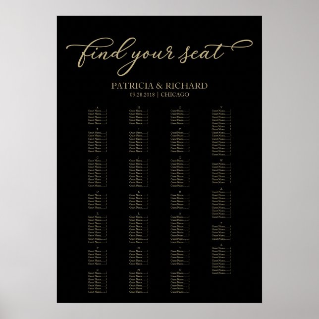 Poster Gráfico de Assentos Alfabético Preto Dourado Elega (Frente)