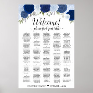 Poster Gráfico de Assentos Alfabetico Rosas Azuis Rústica